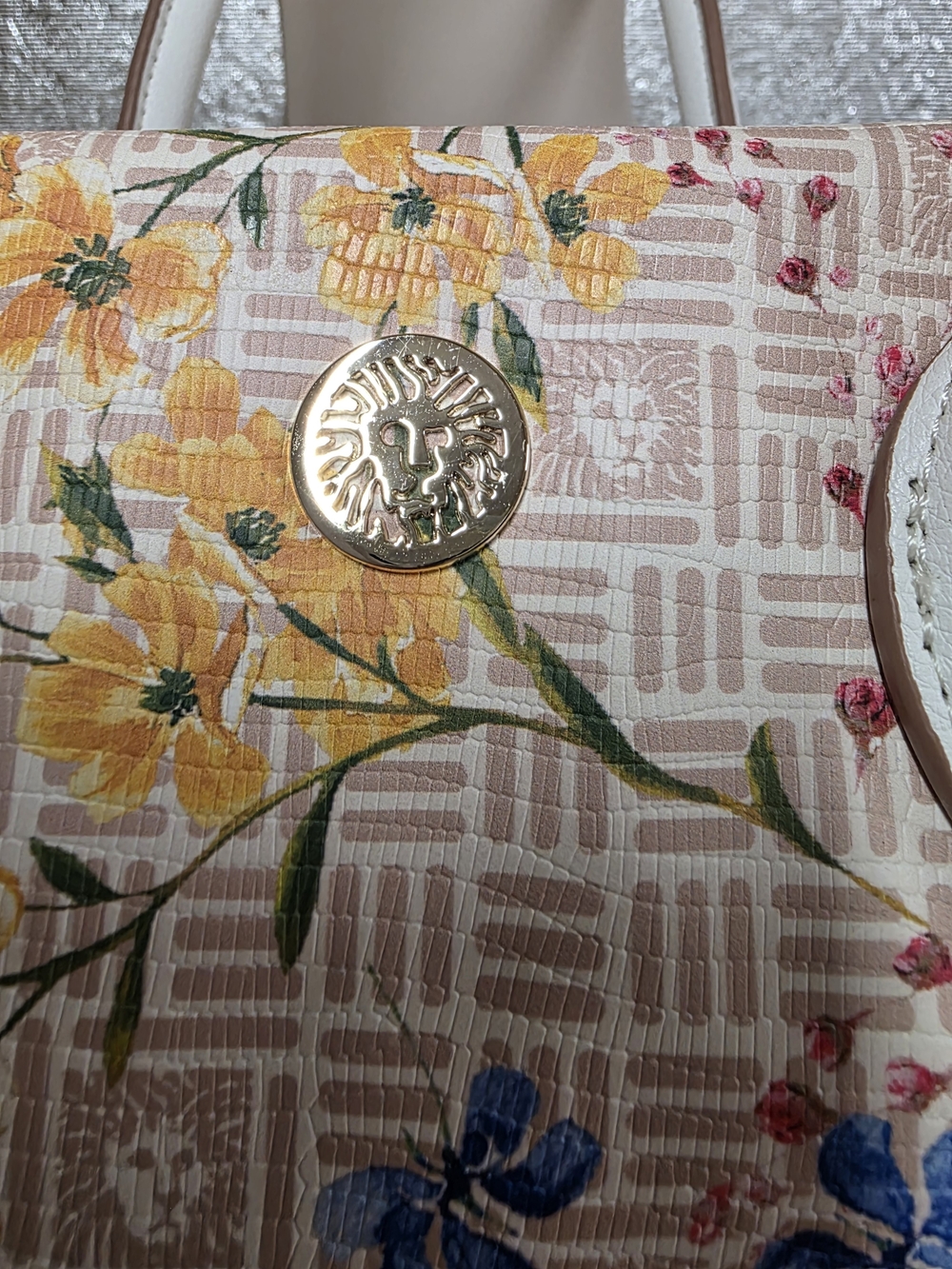 Anne Klein White Floral Print Handbag with Multicolor Blossoms - Picture 2 of 7